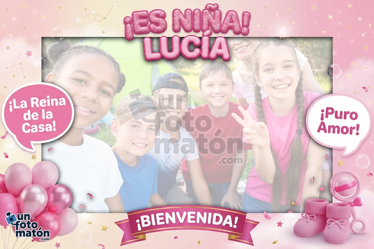 Photocall de Revelación ¡Es Niña! Globos — rosa con globos, lazos y motivos festivos para anunciar la llegada de una niña