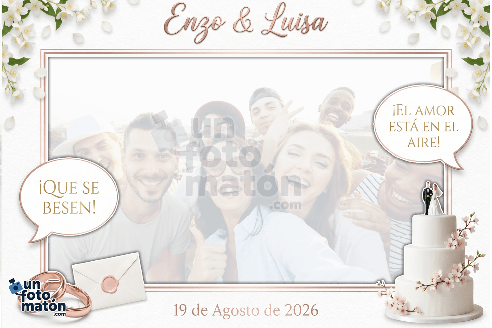 Marco de fotomatón personalizado para boda romántica con motivos florales