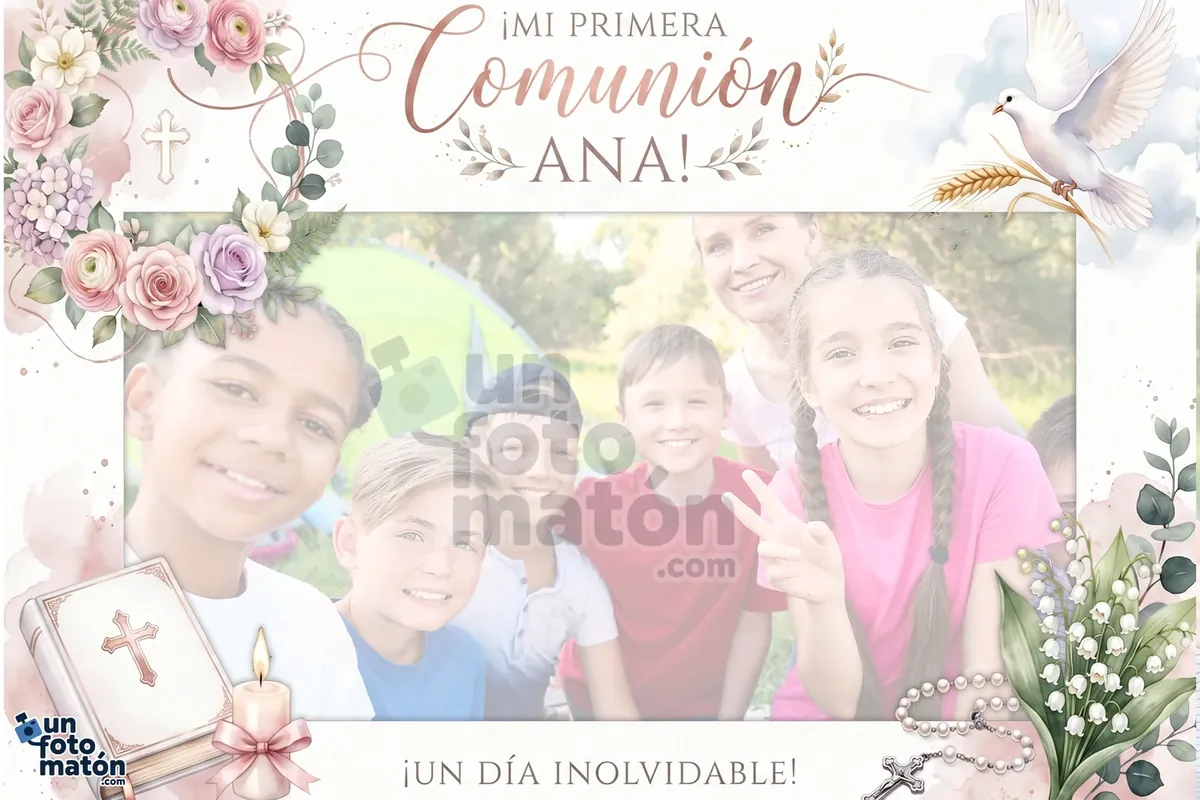 Photocall de Comunión Niña Acuarela — acuarelas en rosa, malva y crema · personalizable