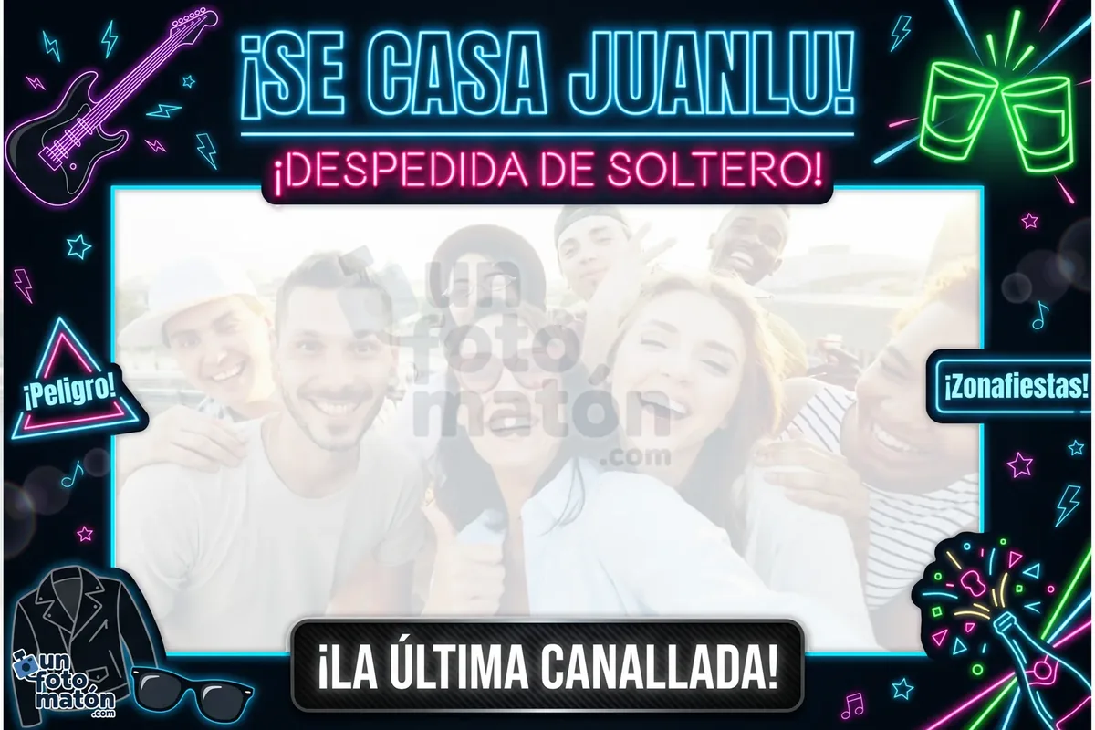 Photocall de Despedida de Soltero Neón — fondo negro y elementos en neón flúor: guitarra eléctrica, copas brindando, traje