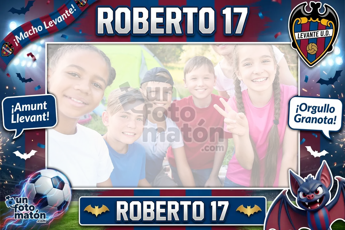 Photocall de Levante UD — los colores granate y azul del Levante UD, escudo y motivos del Ciutat de València · personalizable