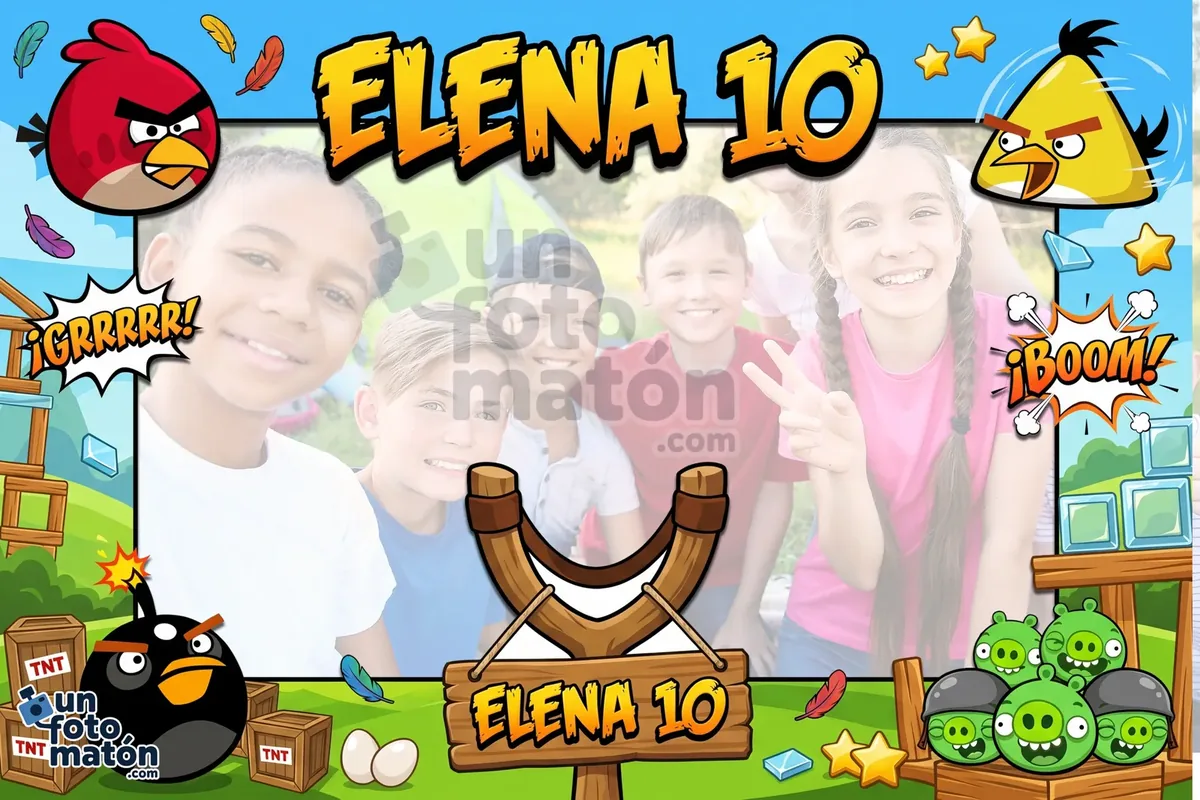 Photocall de Angry Birds — Red, Chuck, Bomb y los cerditos verdes del videojuego rompetormentas Angry Birds · personalizable