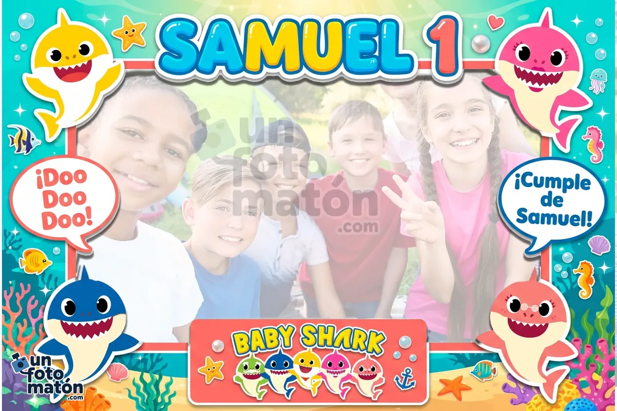 Photocall de Baby Shark — azul con Baby Shark, Mommy Shark y Daddy Shark sobre un fondo marino con olas, peces y burbujas