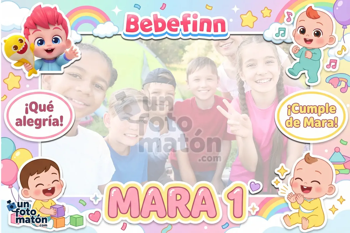 Photocall de Bebefinn — colorido con Bebefinn y su familia, en estilo dibujo animado para bebés con tonos pastel y mucha