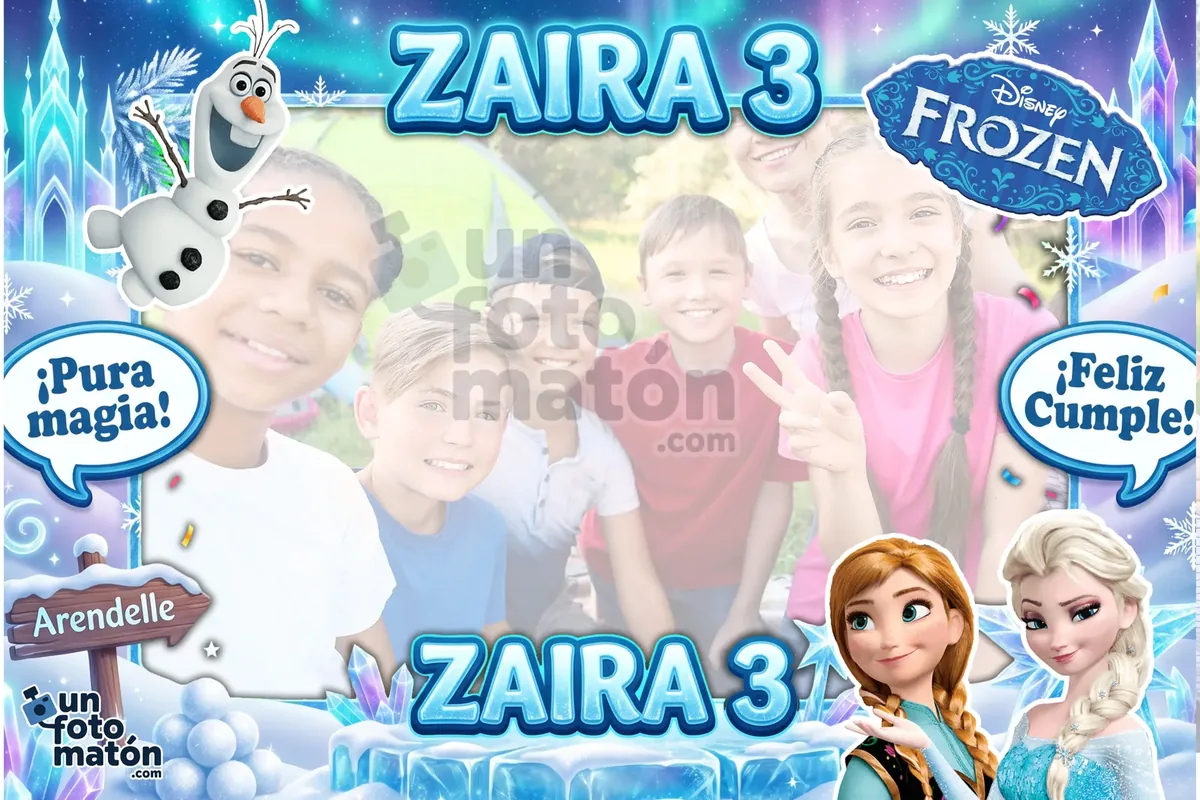 Photocall de Frozen — azul congelado con Elsa, Anna, Olaf y Sven, copos de nieve y el reino de Arendelle · personalizable