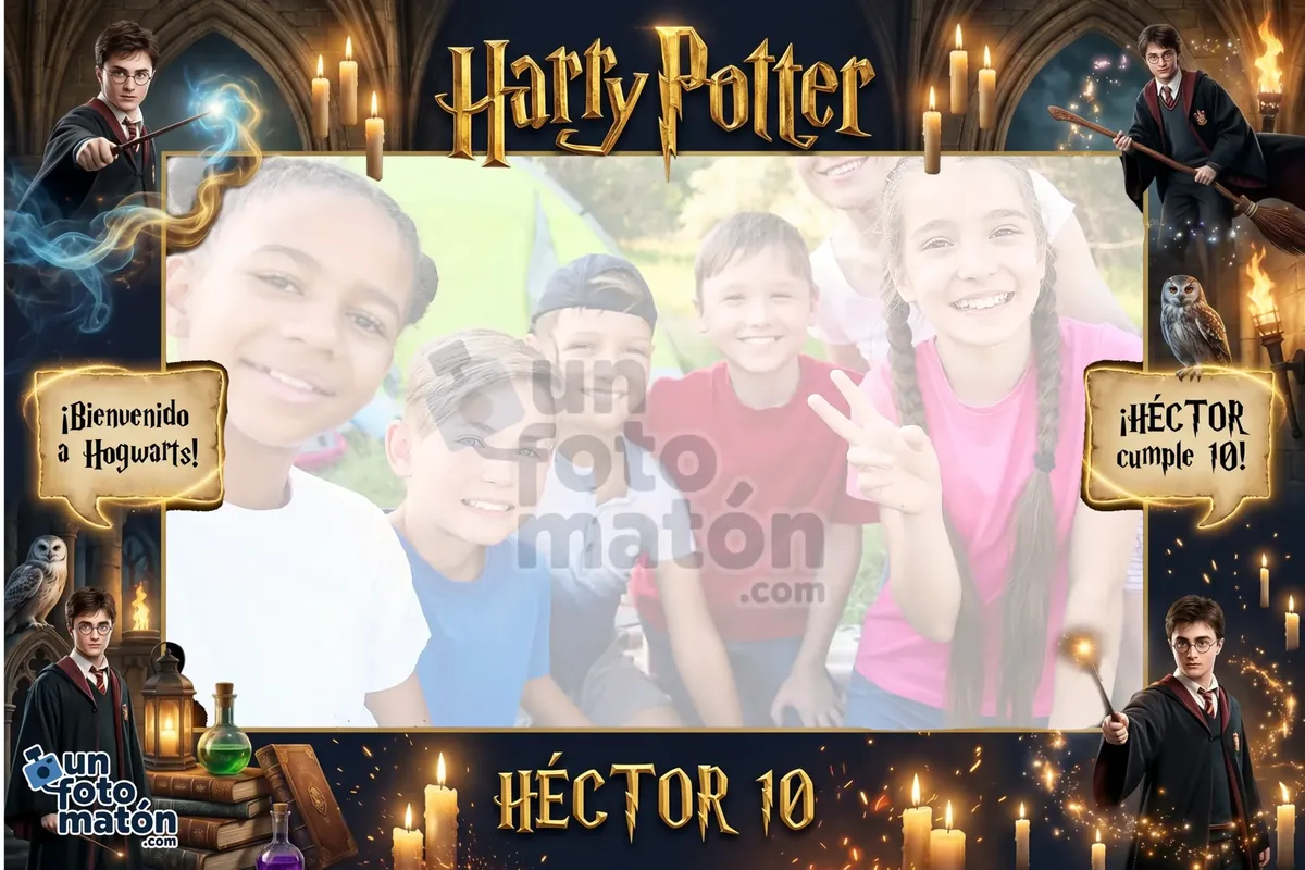 Photocall de Harry Potter — mágico con motivos de Hogwarts, varitas, la snitch dorada y el aire vintage del mundo