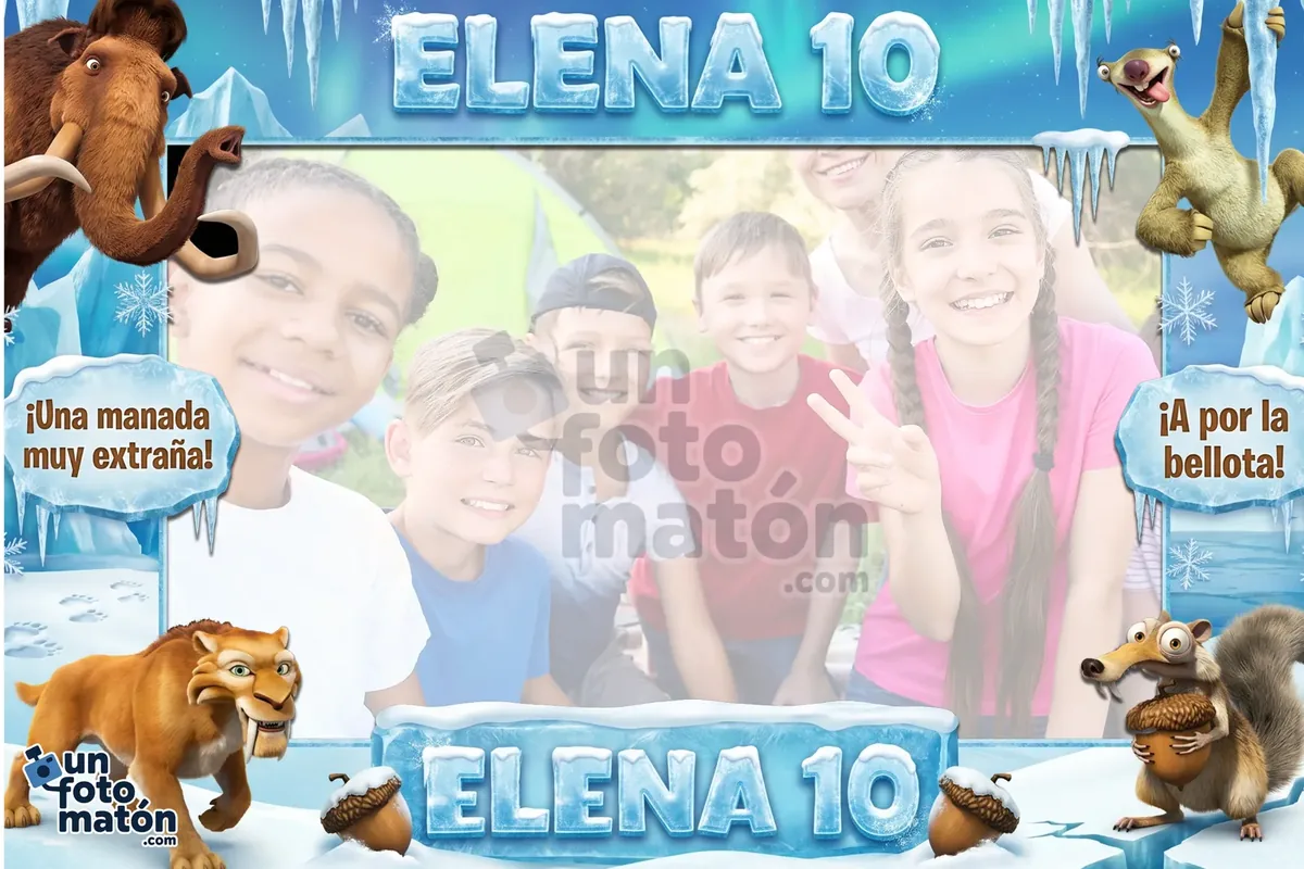 Photocall de Ice Age — Manny, Sid, Diego y Scrat persiguiendo bellotas, en el universo helado de Ice Age · personalizable