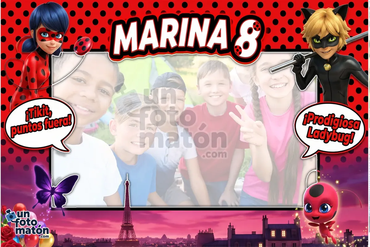Photocall de Ladybug — rojo con motas negras inspirado en Ladybug y Cat Noir, los héroes de Miraculous en París