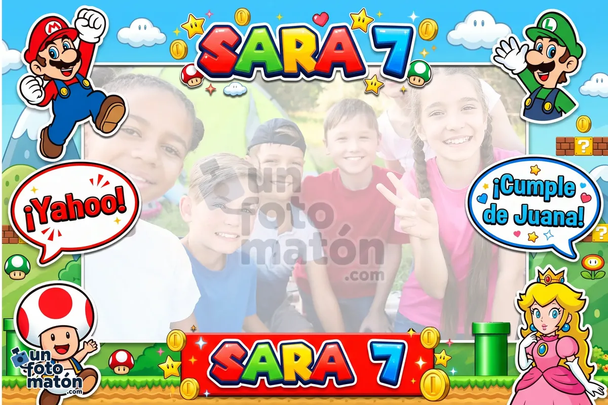 Photocall de Mario Bros — Mario, Luigi, Peach y Yoshi sobre el universo de los hongos, las setas y los bloques de Nintendo