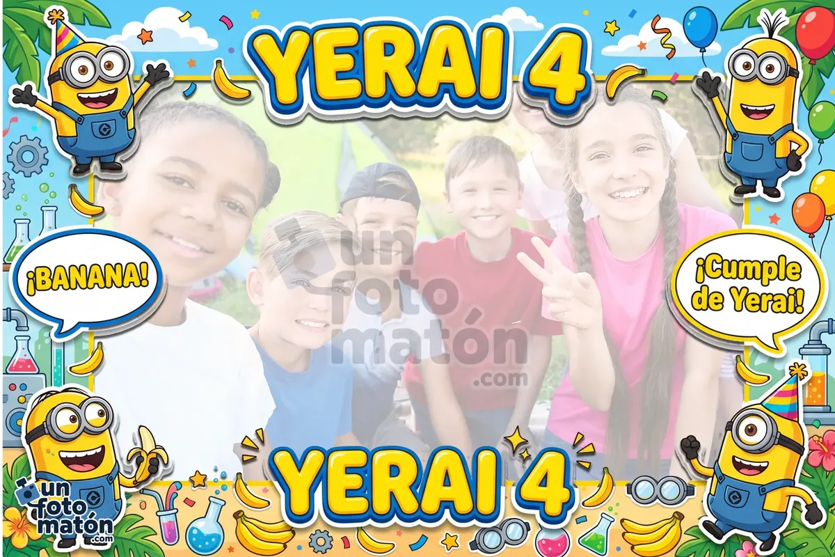Photocall de Minions — amarillo con los Minions Bob, Kevin y Stuart, sus monos azules y mucho humor «banana!»