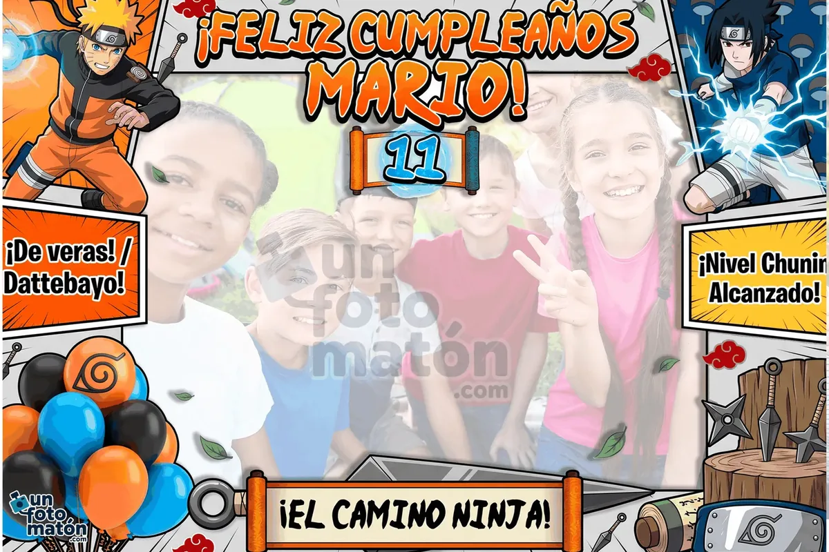 Photocall de Naruto — Naruto Uzumaki, símbolos de la Aldea de la Hoja, kunais y todos los iconos del anime ninja