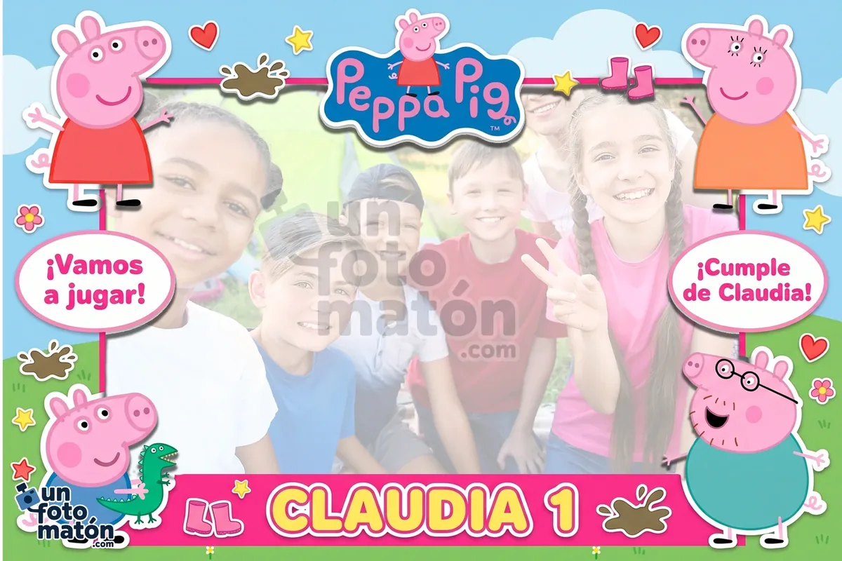 Photocall de Peppa Pig — rosa con Peppa, George y la familia Pig, con la estética simpática del clásico de la BBC. Todos