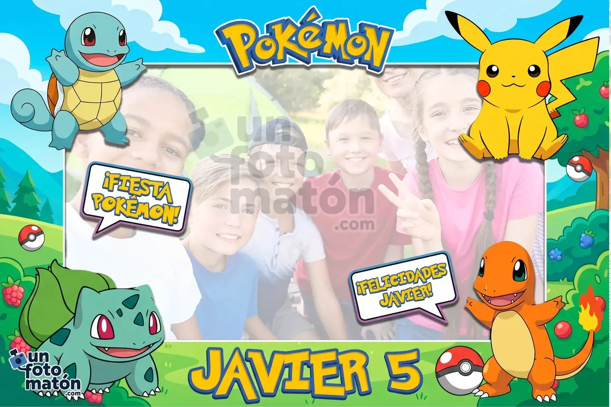Photocall de Pokémon — Pikachu, Charizard y los Pokémon más populares, con Pokeball y la estética de los entrenadores