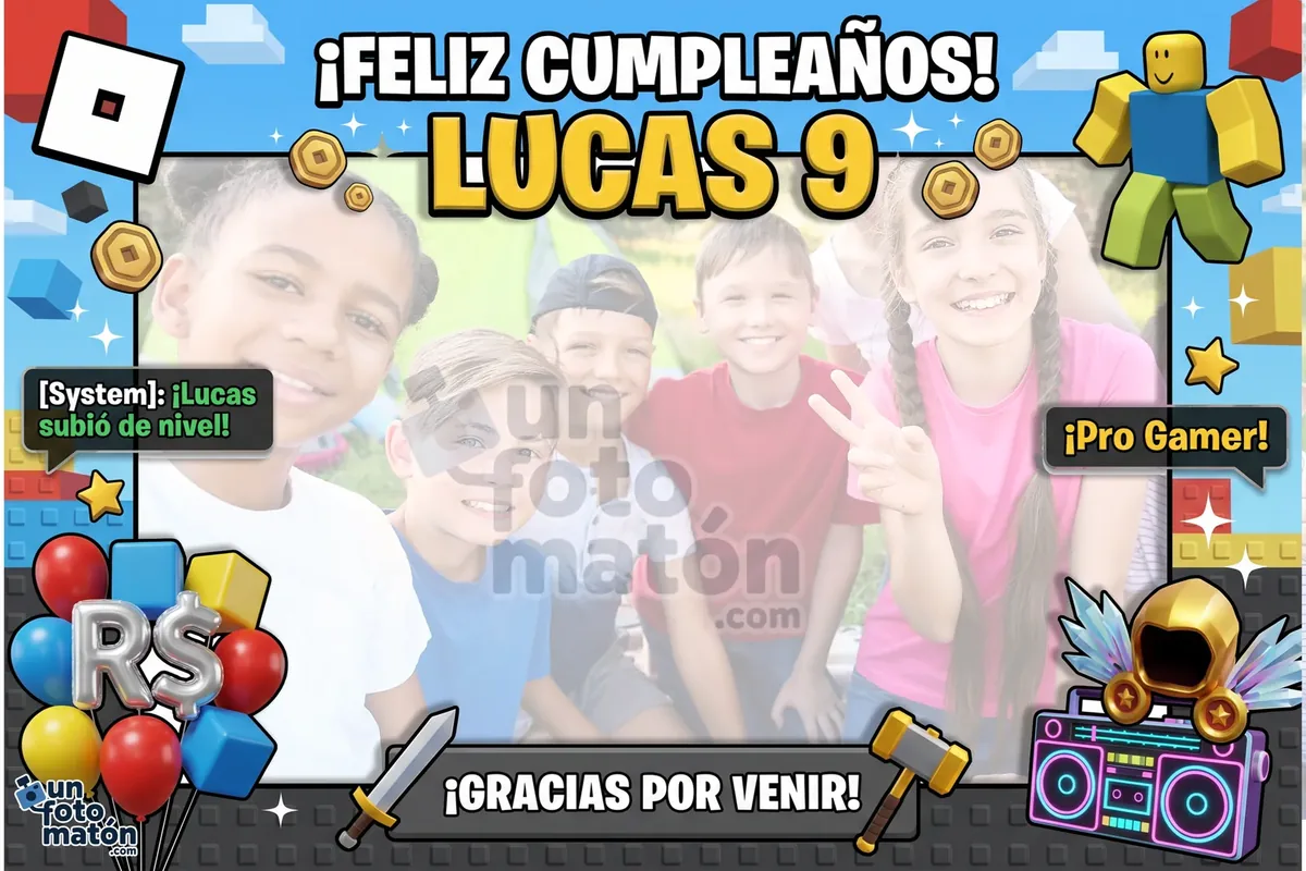 Photocall de Roblox — estilo Roblox con bloques, monedas Robux, avatares pixelados y mensajes del chat «[System]: subió