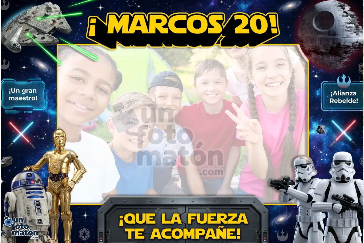 Photocall de Star Wars — sables láser, naves estelares, Yoda, Darth Vader y los iconos de la saga galáctica · personalizable