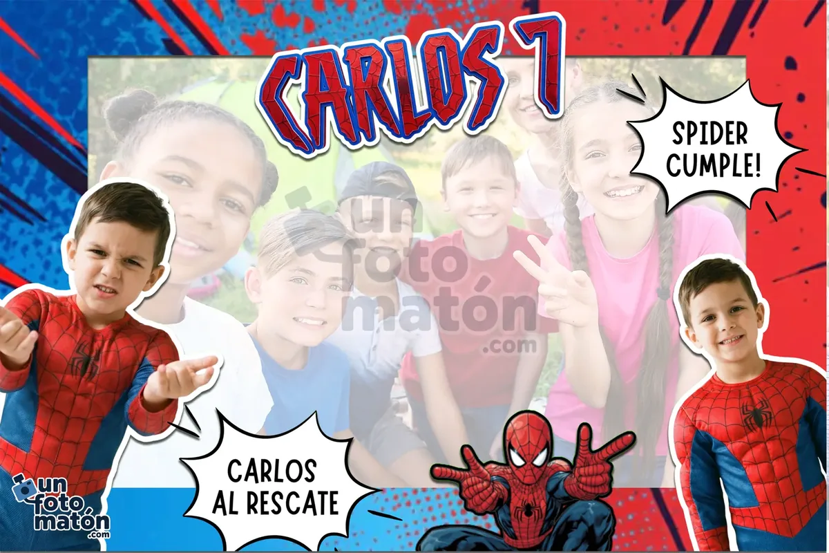 Ejemplo de photocall 100% personalizado: marco de superhéroe con recortes de fotos reales del niño y su nombre