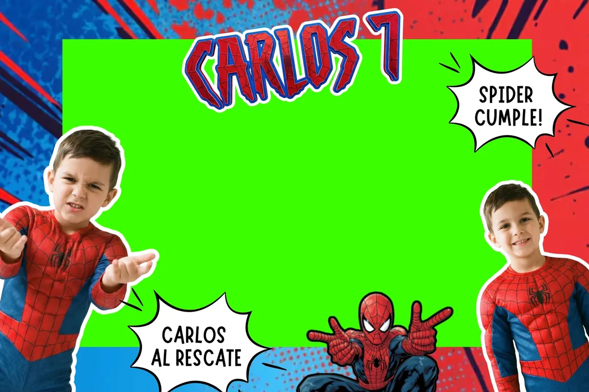 Plantilla del photocall infantil a medida: recortes de fotos reales del niño disfrazado y zona verde para la foto